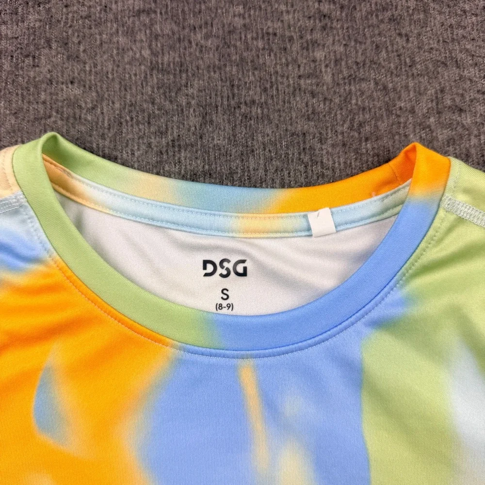 DSG Kids Performance T-Shirt Small 8-9 Blue Green Orange‎ Abstract Tie Dye Print